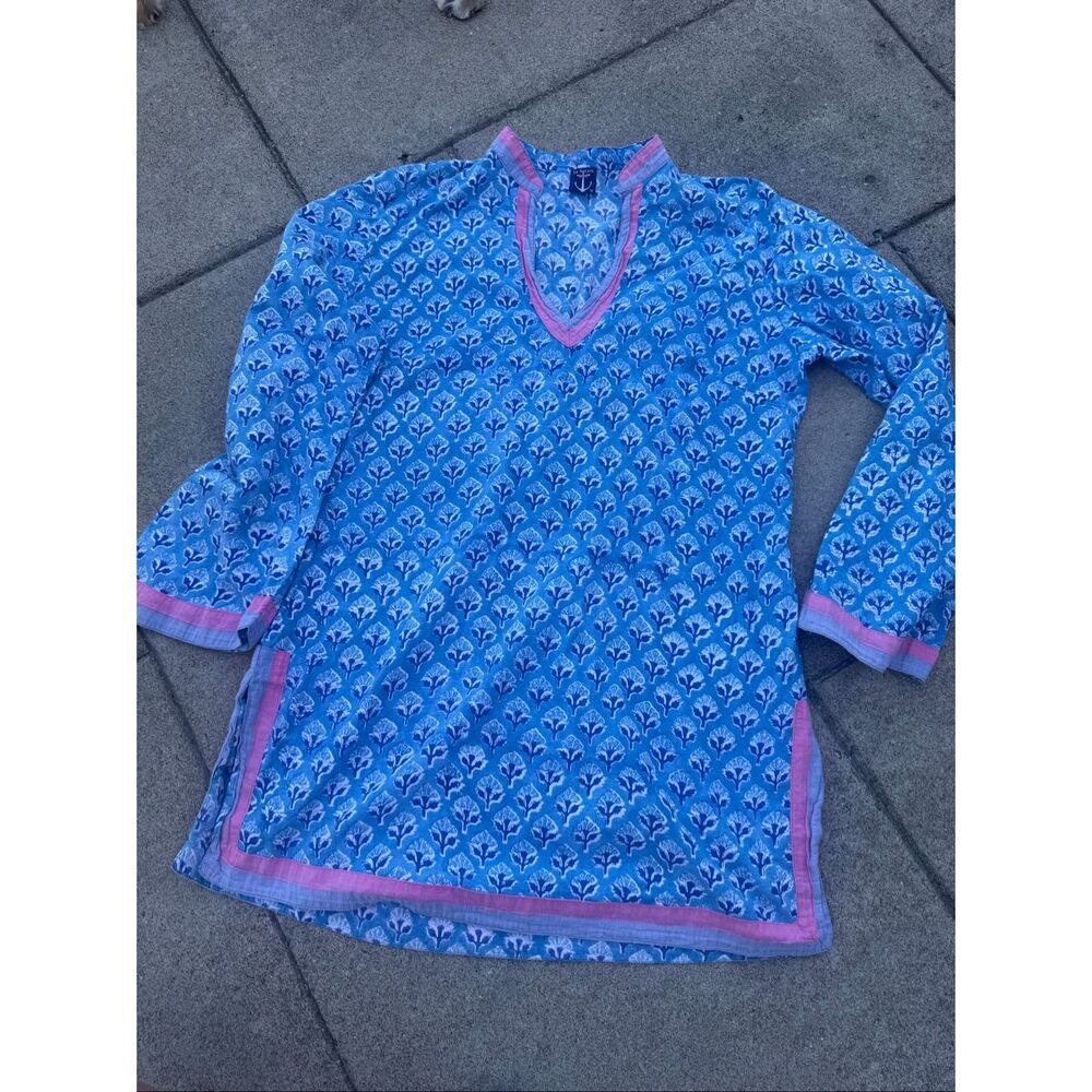 Le Soleil Miami Blue Block Print Tunic Top Womens Medium Boho Cotton V Neck